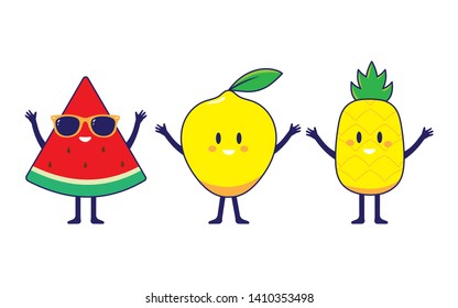 fruits icon, happy fruits icon, cute and kawaii watermelon, lemon and pineapple 