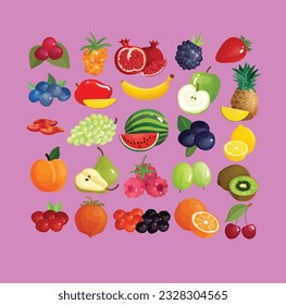 fruits icon illustration, different set of fruits, cherry, apple banana, pomegranate, watermelon, grapes, pear, orange, lemon, black grapes, strawberry