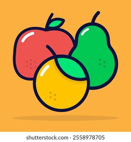 Fruits icon. Included apple, avocado and orange. Lineal color style. 