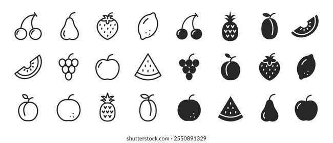 Fruits icon set. Apple, orange, watermelon, cherry, peach, strawberry, pineapple, grape. Fruit outline and silhouette style. Black vector illustration.