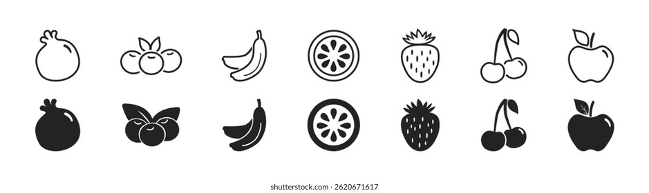 Conjunto de ícones Frutas. Maçã, laranja, melancia, cereja, morango, abacaxi e outros. Contorno de fruta e estilo silhueta.