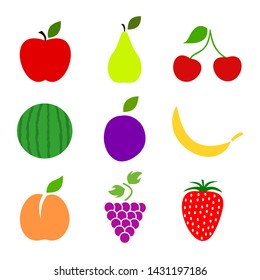 Fruits icon set. Apple, pear, peach, cherry, watermelon, plum, banana, grapes, strawberry. Vector illustration.