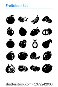 Fruits icon set of black and white types. Isolated vector sign symbols. Icon pack.