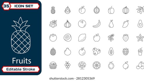 Fruits Icon Set Editable Stroke Outline Icons for Food, Grocery, Nutrition and UI Design