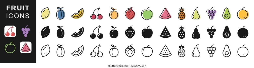 Das Fruchtsymbol ist gesetzt. Flat, Linie und Silhouette Stil. Vektorgrafik.