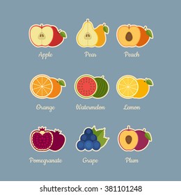 Fruits icon set. Flat style, vector illustration.