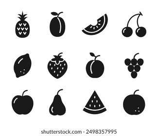 Fruits icon set. Fresh fruit in silhouette, symbol style. Vector illustration.