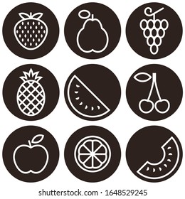 Fruits icon set - grapes, apple, pear, cherry, quince, strawberry, melon, lemon and watermelon isolated on white background