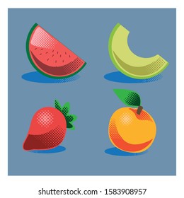 Fruits icon set . Healthy food. 
Fruits illustration. Watermelon, orange,peach and strawberry