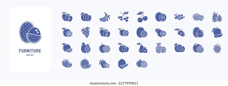 Fruits icon set, including icons like apple, banana, grape, pomegranate, and more