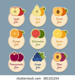 Fruits icon set. Labels with fruits. Flat style, vector illustration.