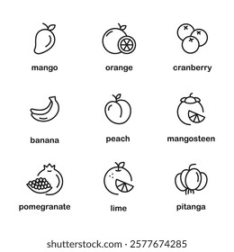 Fruits icon set. Mango, orange, Mangostane, pomegranate, lime, pitanga, banana, cranberry. Fruits line icon