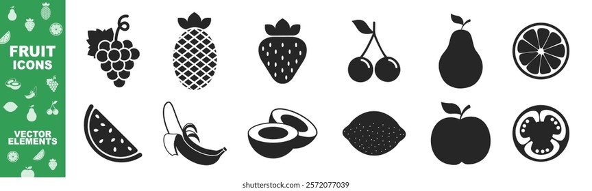 Fruits icon set on transparent background. Set of fruit icons ,banana, apple, pear, strawberry, orange, peach