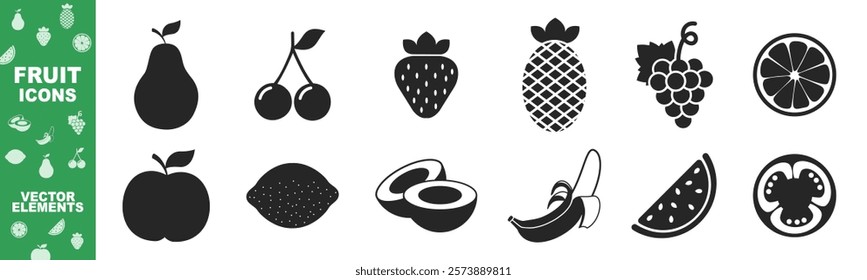 Fruits icon set on transparent background. Set of fruit icons ,banana, apple, pear, strawberry, orange, peach