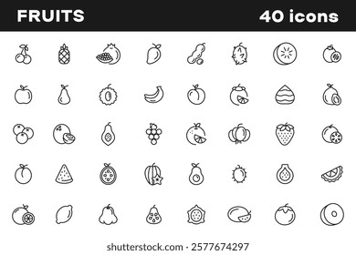 Fruits icon set. Set of outline fruit icons. Strawberry icon, orange, watermelon, coconut, avocado and lemon icons. Solid icon collection. Vector illustration.