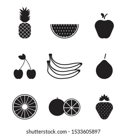 fruits icon set. pineapple, a piece of watermelon, banana, kiwi, orange, strawberry, pear, cherry black and isolated vector illustration