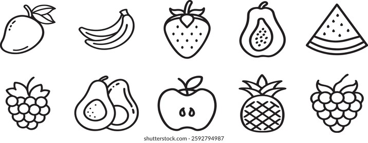 Fruits icon set. Fruits icon, Pineapple, Watermelon, Avocado, Mango, Raspberry, Apple Banana icon. Design signs for web page, mobile app, packaging design. Vector illustration.