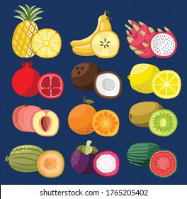 fruits icon set pomegranate peach pineapple kiwi lemon coconut orange banana watermelon mangosteen cantaloupe slice