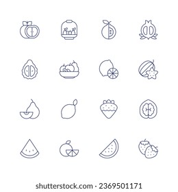 Fruits icon set. Thin line icon. Editable stroke. Containing apple, bergamot orange, chinese white pear, fruit, fruits, lemon, lime, orange, passion fruit, pomegranate, star fruit, strawberry, walnut.