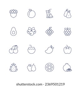 Fruits icon set. Thin line icon. Editable stroke. Containing acorn, apricot, avocado, blueberry, cherry, coconut water, dragon fruit, fruit, fruit juice, grapes, mango, orange, pear, pomegranate.