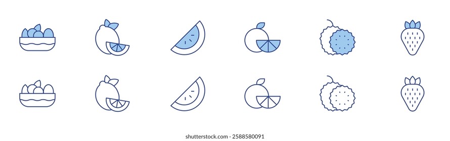 Fruits icon set in two styles, Duotone and Thin Line style. Editable stroke. fruits, lemon, orange, soursop, strawberry, watermelon.