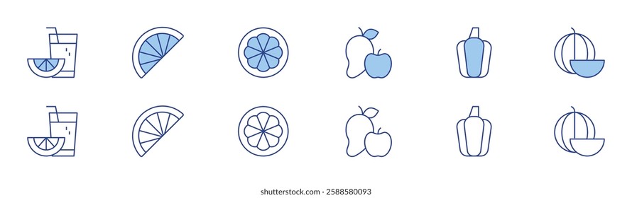 Fruits icon set in two styles, Duotone and Thin Line style. Editable stroke. fruit, juice, lime, orange, pumpkin, watermelon.