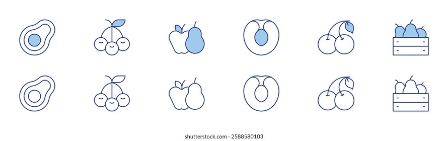 Fruits icon set in two styles, Duotone and Thin Line style. Editable stroke. apricot, avocado, cherries, cherry, fruit.