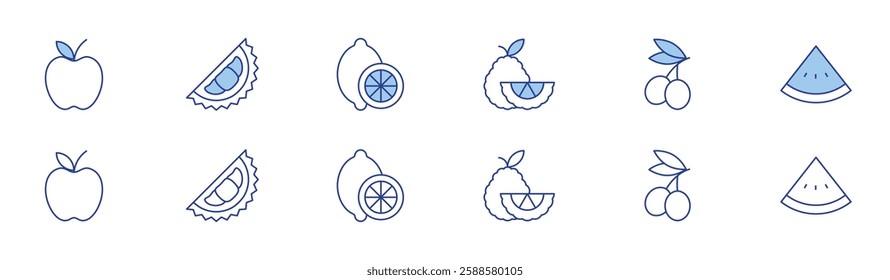Fruits icon set in two styles, Duotone and Thin Line style. Editable stroke. bergamot, olive, watermelon, apple, durian, lemon.