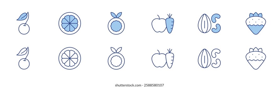 Fruits icon set in two styles, Duotone and Thin Line style. Editable stroke. cherry, lemon, nutrition, nuts, passion fruit, strawberry.