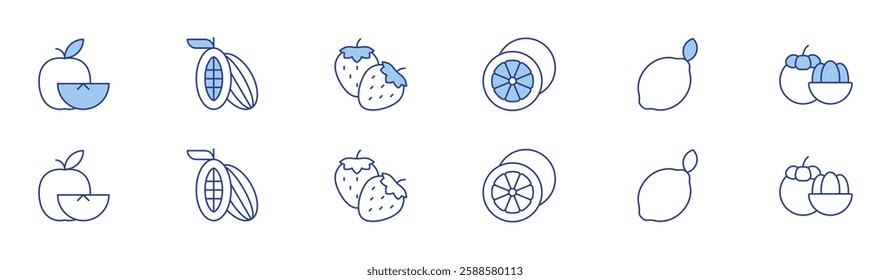 Fruits icon set in two styles, Duotone and Thin Line style. Editable stroke. apple, cocoa, fruit, lime, mangosteen, strawberry.