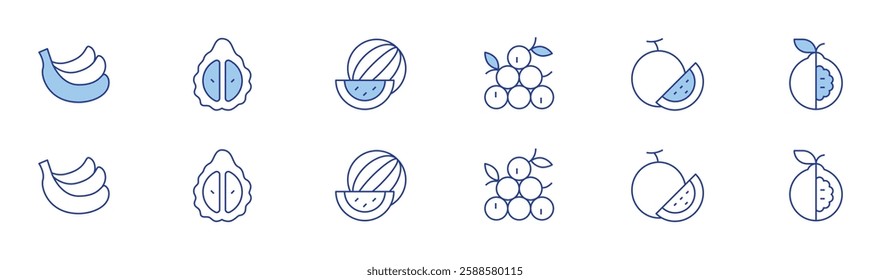 Fruits icon set in two styles, Duotone and Thin Line style. Editable stroke. banana, bergamot orange, fruits, melon, passion fruit, watermelon.
