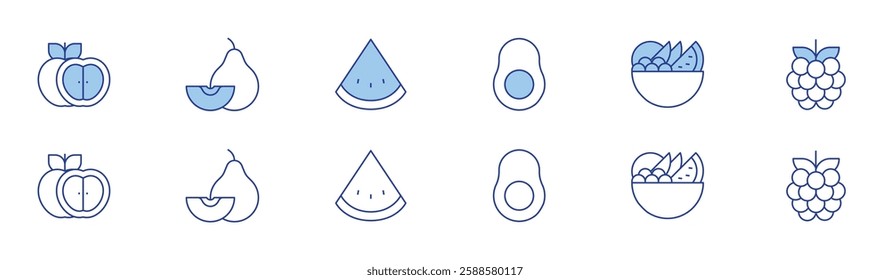 Fruits icon set in two styles, Duotone and Thin Line style. Editable stroke. apple, avocado, chinese white pear, fruits, raspberry, watermelon.