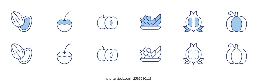 Fruits icon set in two styles, Duotone and Thin Line style. Editable stroke. almond, cherry, fruits, peach, pomegranate, pumpkin.