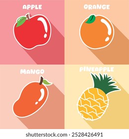 Conjunto de ícone de frutas Vetor com design moderno colorido fresco.flat design etiqueta de frutas. adequado para a aprendizagem das crianças. maçã, laranja, manga, abacaxi