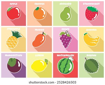 Fruits Icon Set Vektor mit Colorfull frisches modernes Design.flaches Design Früchte Aufkleber. geeignet für das Lernen von Kindern. Apfel, Orange, Avocado, Erdbeere, Banane, Traube, Mango, Ananas, Wassermelone
