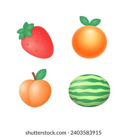 Fruits Icon Set Vector Illustration. Strawberry, Orange, Peach and Watermelon. Realistic 3d Icons.