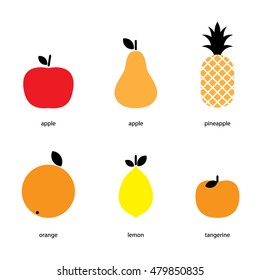 Fruits icon. Vector illustration. Apple, pear, pineapple, orange, lemon. Fruits set.