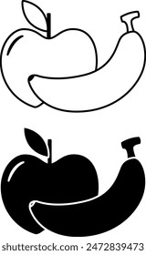 Fruits icons. Black and White Vector Icons of Apple and Banana. Natural and Environmentally Friendly Product. Organic Farming Concept