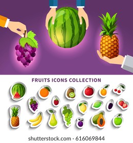 Fruits icons collection with composition from watermelon pineapple grape in hands on purple background isolated vector illustration 