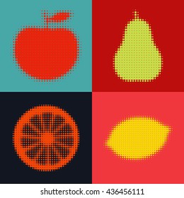 Fruits icons collection. Halftone vector fruits. Colorful circle backgrounds. Lemon, Orange, Apple, Pear. EPS-10