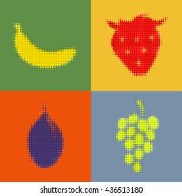 Fruits icons collection. Halftone vector fruits. Colorful circle backgrounds. Plum, Banana, Strawberry, Grapes. EPS-10