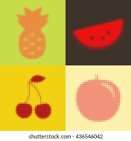 Fruits icons collection. Halftone vector fruits. Colorful circle backgrounds. Cherry, Pineapple, Peach, Watermelon. EPS-10