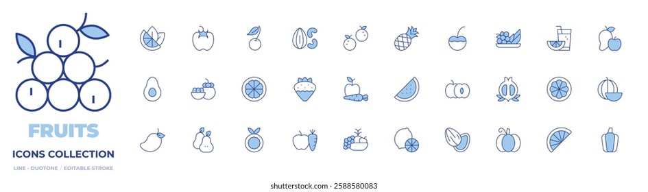Fruits icons collection. Line Duotone style, editable stroke. almond, avocado, cherry, fruit, fruits, juice, lemon, lime, mango, mangosteen, nutrition, nuts, orange.