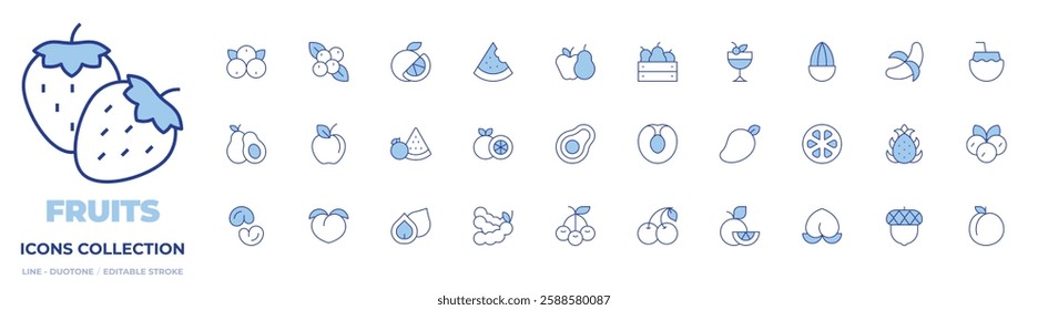 Fruits icons collection. Line Duotone style, editable stroke. acai, acorn, almond, apple, apricot, avocado, banana, berries, blueberry, cashew, cherries, cherry.