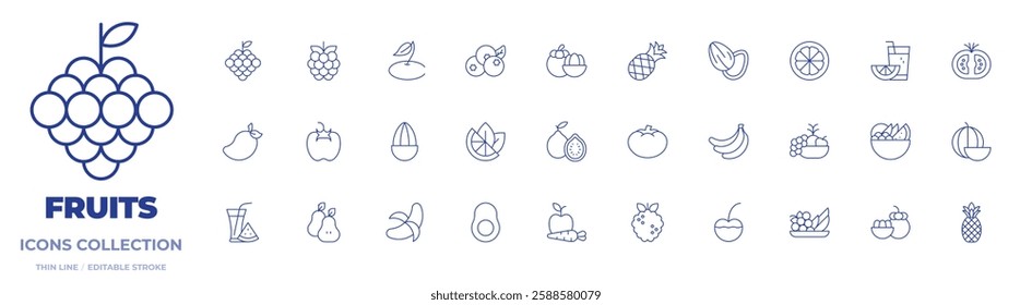 Fruits icons collection. Thin Line icons, editable stroke. almond, avocado, banana, blueberry, cherry, fruit, fruit juice, fruits, grapes, guava, juice, lemon.