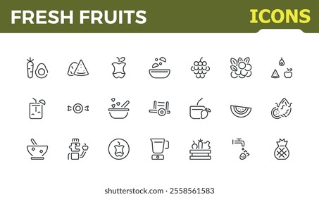 Fruits icons. Contains related to guava, jackfruit, banana, citrus, fruit, raspberry and more. Minimalist icon for web and UI design. Vector illustration.