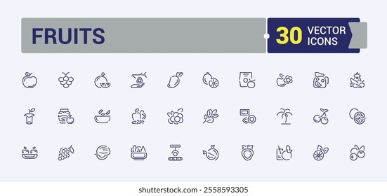 Fruits icons. Contains such icons as raspberry, berry, vegetarian, tropical, citrus, kiwi, lemon, watermelon. Thin outline icons pack. Vector icons editable stroke.