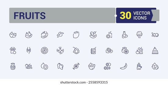 Fruits icons. Contains such icons as raspberry, berry, vegetarian, tropical, citrus, kiwi, lemon, watermelon. Thin outline icons pack. Vector icons editable stroke.