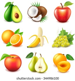 Fruits icons detailed photo realistic vector set