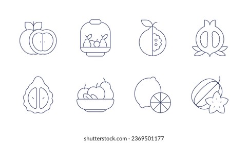 Fruits icons. Editable stroke. Containing apple, bergamot orange, fruit, fruits, lemon, passion fruit, pomegranate, star fruit.